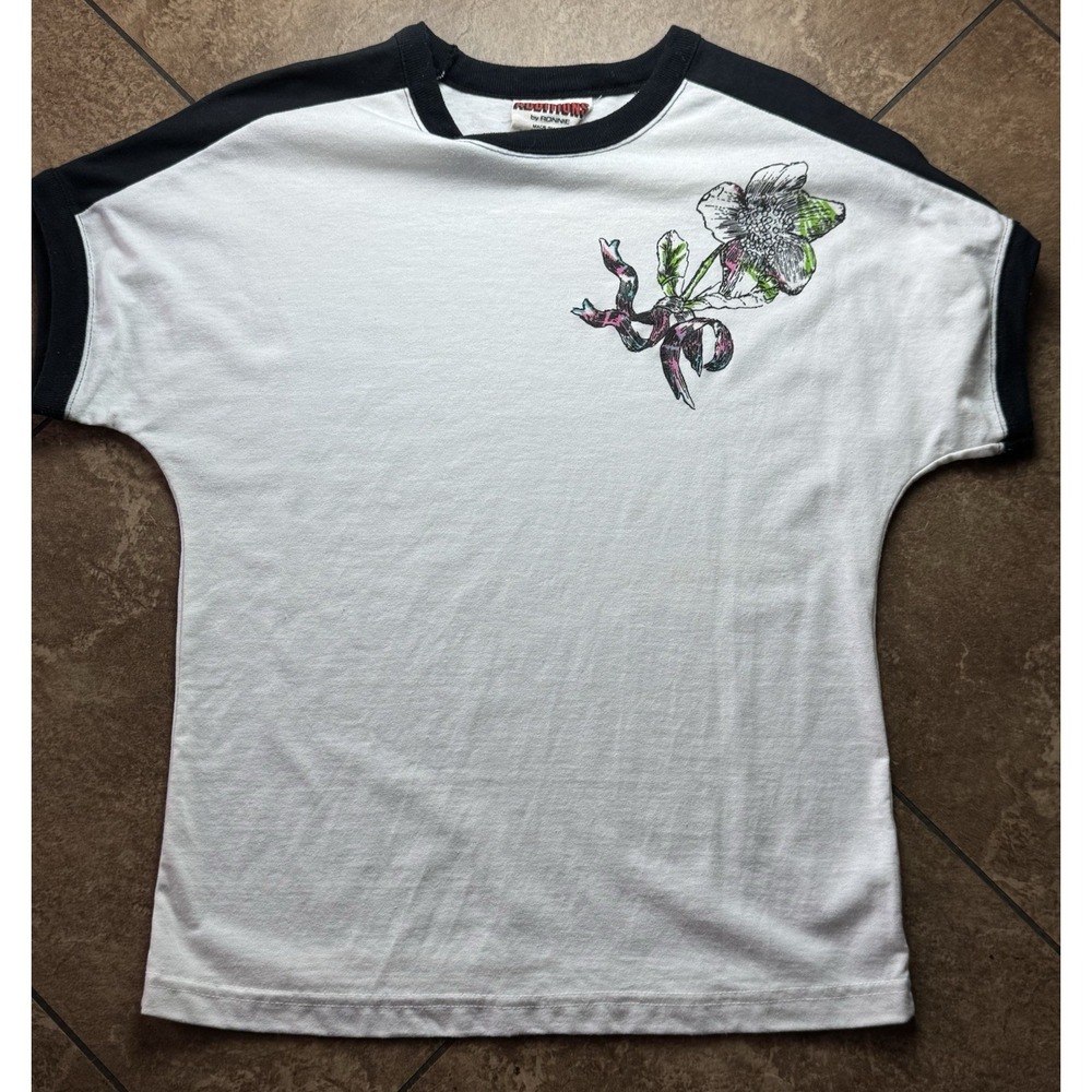 Vintage 80's Additions By Ronnie White T-shirt Black Raglan Floral Graphic SS